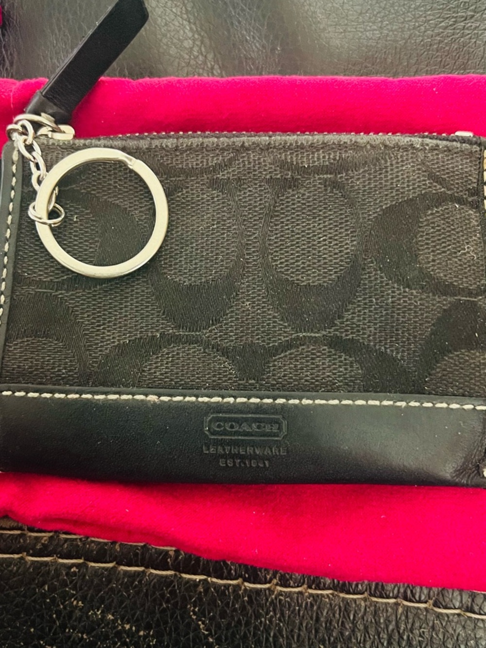 Coach Black Signature Jacquard and Leather Key Pouch